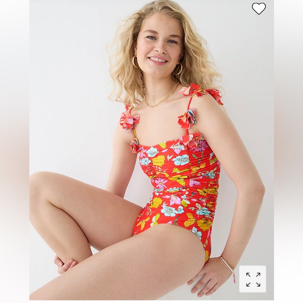 Dauphinette X J.Crew ruched flower-strap 1-piece red swimsuit. Worn 2x, washed.